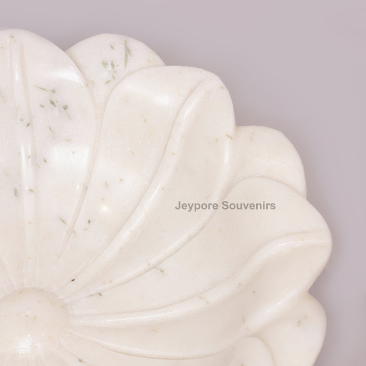 Hand-Carved White Marble Lotus Bowl with Flower Petal Design