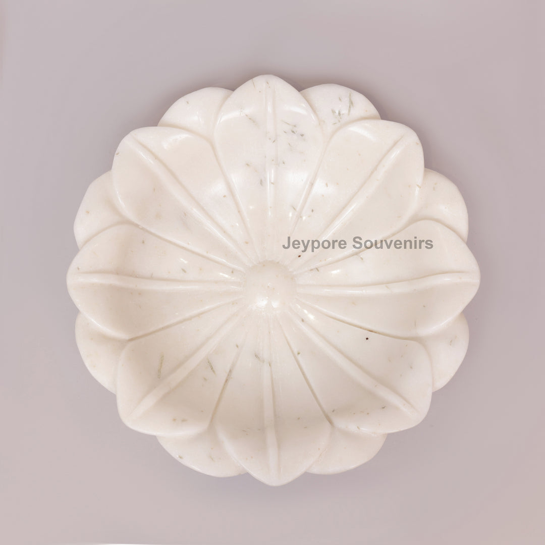 Hand-Carved White Marble Lotus Bowl with Flower Petal Design