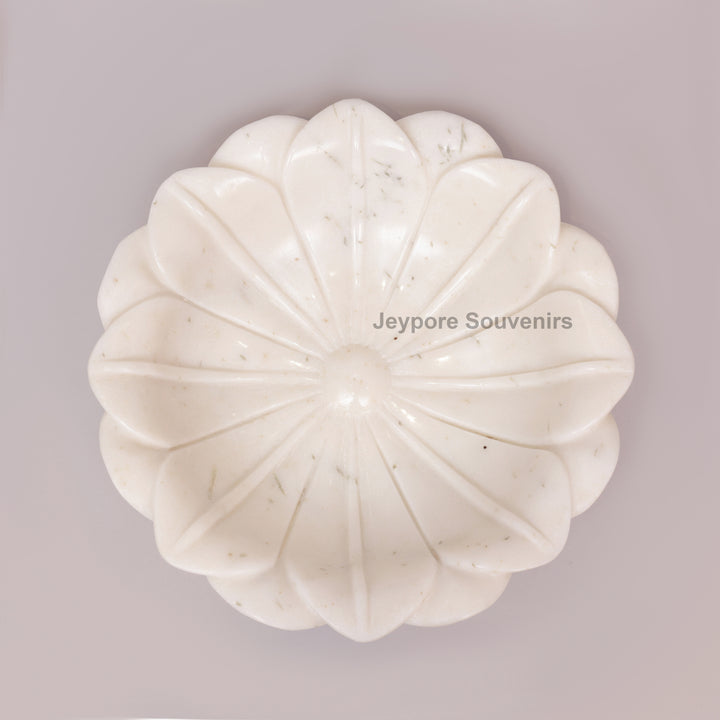 Hand-Carved White Marble Lotus Bowl with Flower Petal Design