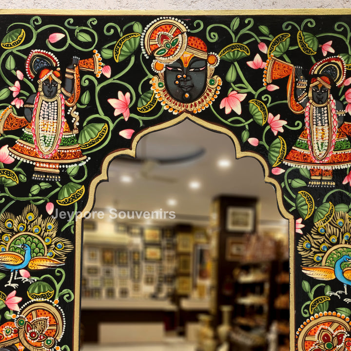 Handcrafted Shrinathji Pichwai Wooden Wall Mirror