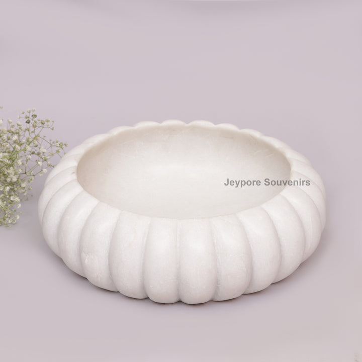 Handcrafted White Marble Ribbed Urli Bowl with Fluted Melon Design