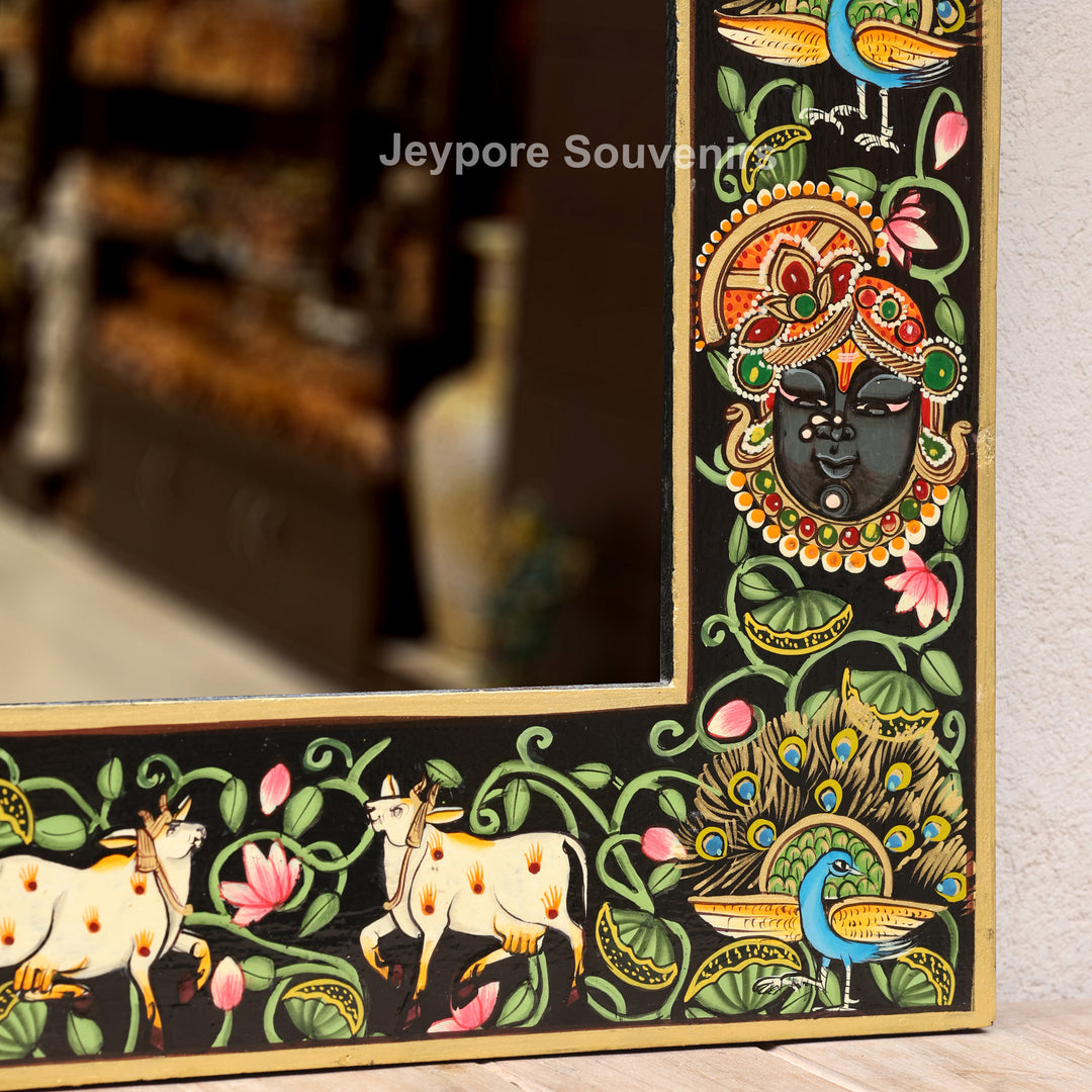 Handcrafted Shrinathji Pichwai Wooden Wall Mirror