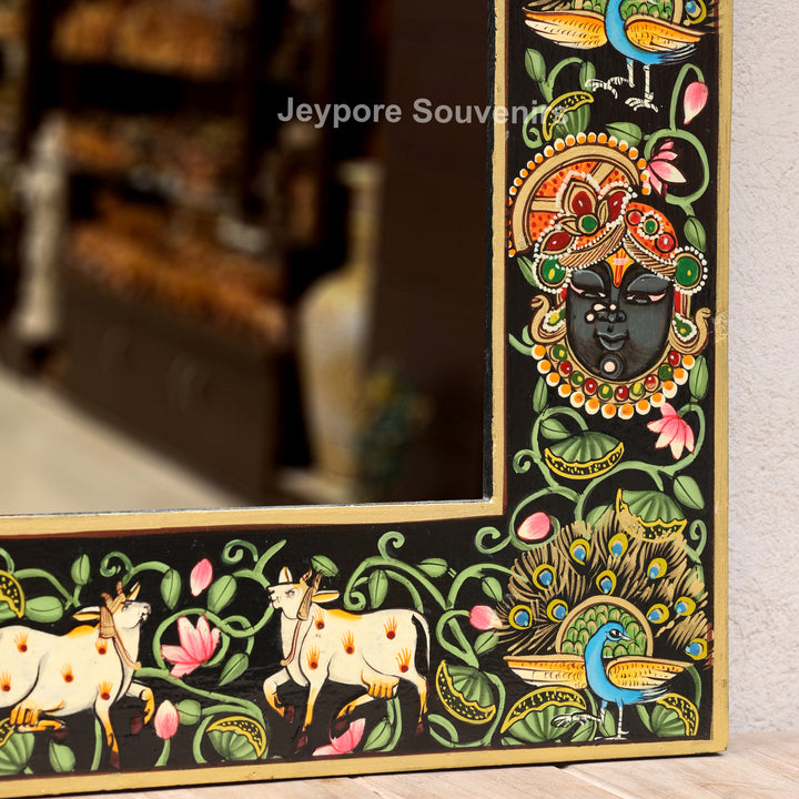 Handcrafted Shrinathji Pichwai Wooden Wall Mirror