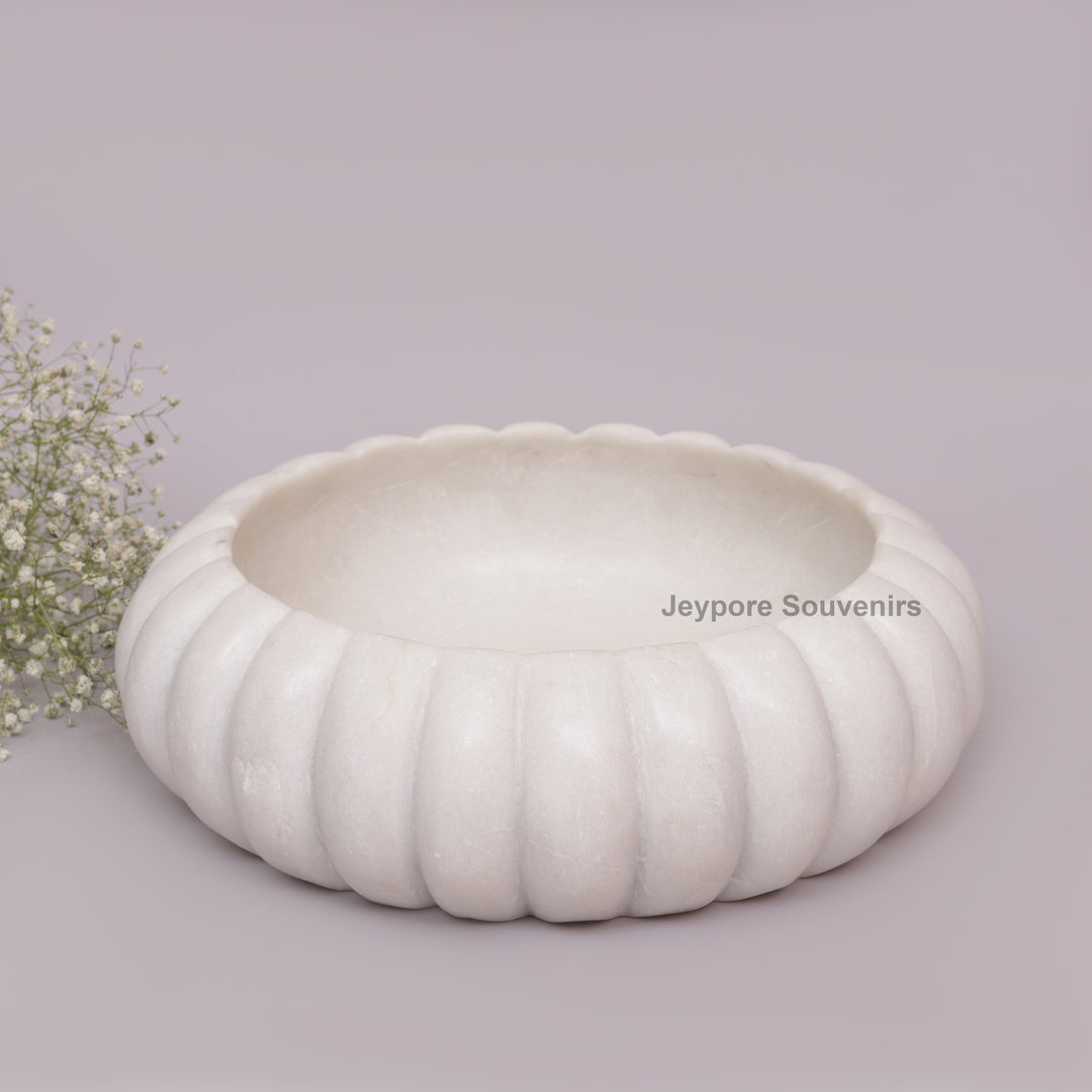Handcrafted White Marble Ribbed Urli Bowl with Fluted Melon Design
