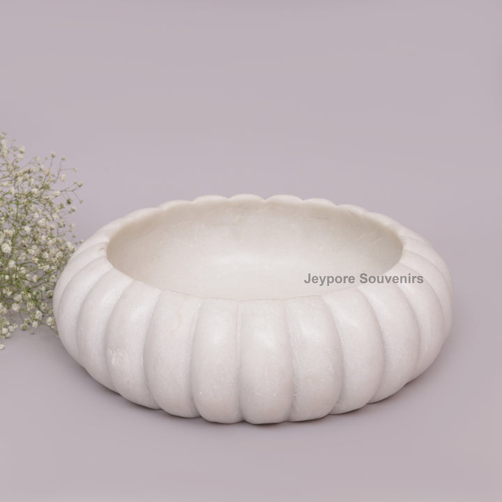 Handcrafted White Marble Ribbed Urli Bowl with Fluted Melon Design