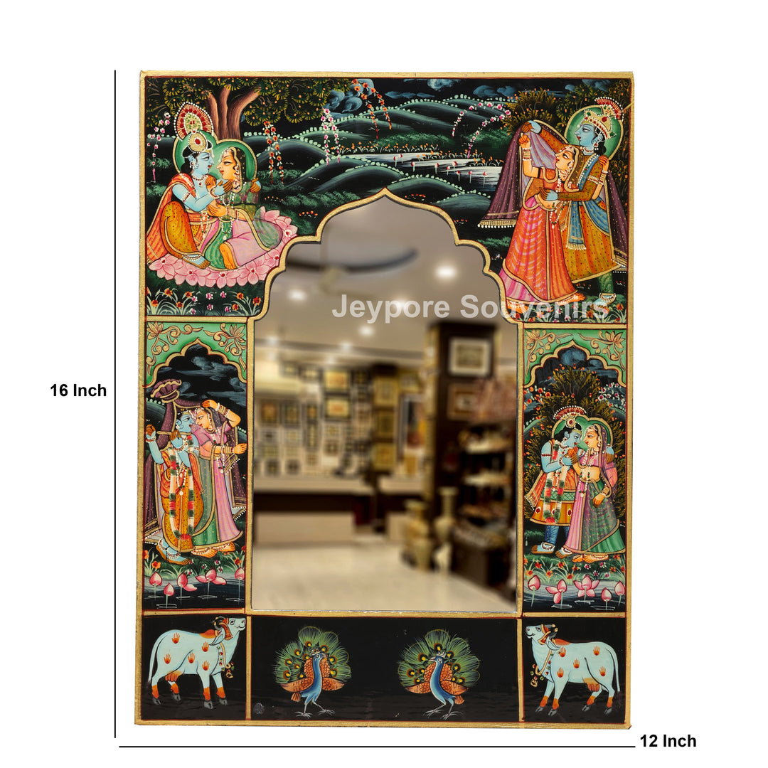Handcrafted Radha Krishna Wooden Wall Decorative Mirror
