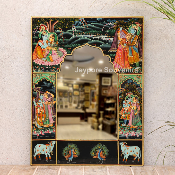 Handcrafted Radha Krishna Wooden Wall Decorative Mirror