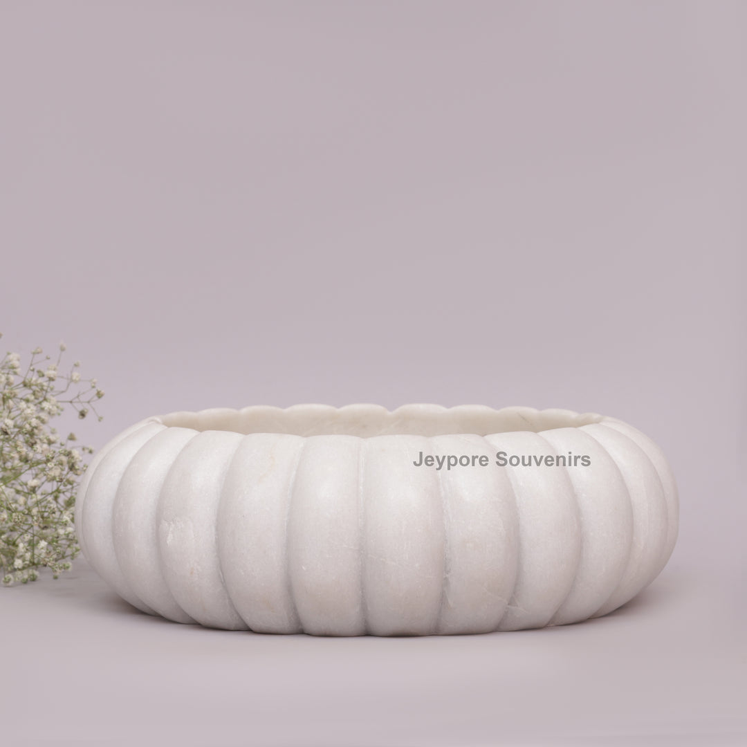 Handcrafted White Marble Ribbed Urli Bowl with Fluted Melon Design
