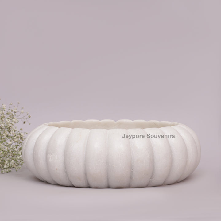 Handcrafted White Marble Ribbed Urli Bowl with Fluted Melon Design