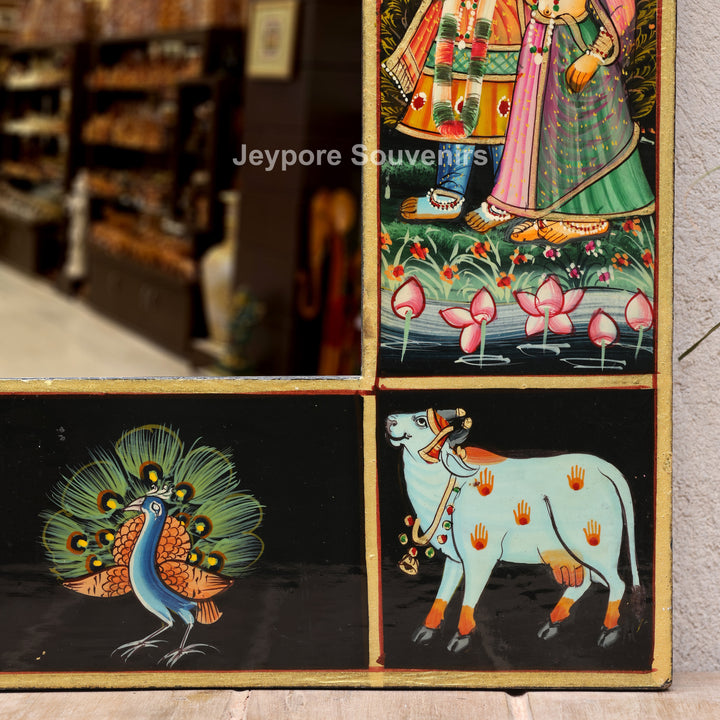 Handcrafted Radha Krishna Wooden Wall Decorative Mirror