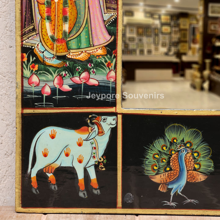 Handcrafted Radha Krishna Wooden Wall Decorative Mirror