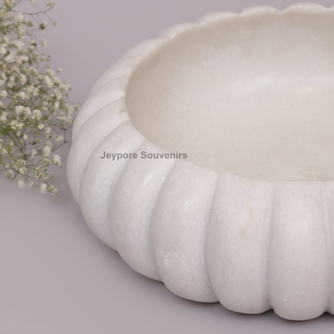 Handcrafted White Marble Ribbed Urli Bowl with Fluted Melon Design