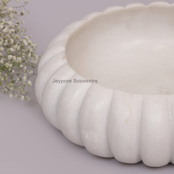 Handcrafted White Marble Ribbed Urli Bowl with Fluted Melon Design