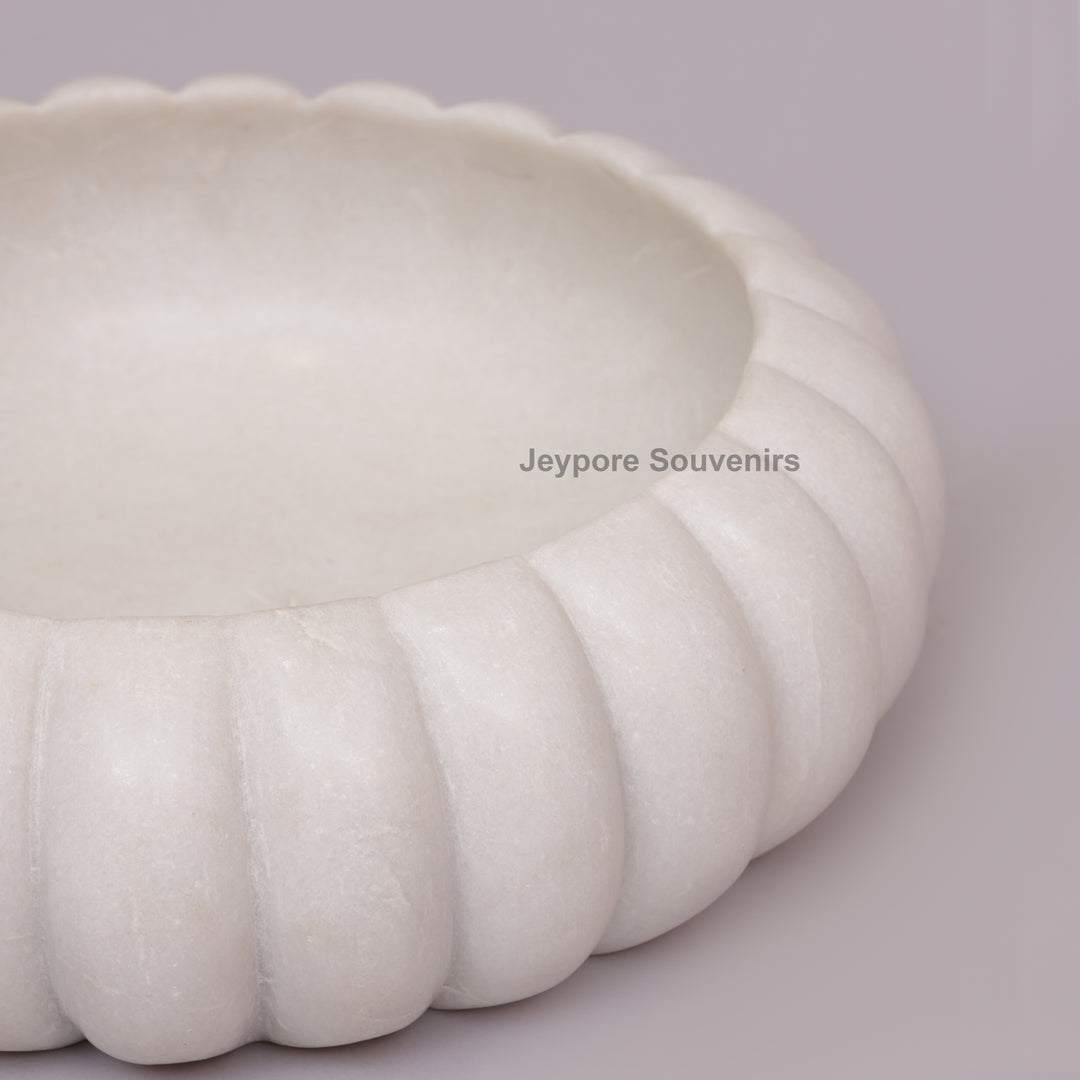 Handcrafted White Marble Ribbed Urli Bowl with Fluted Melon Design