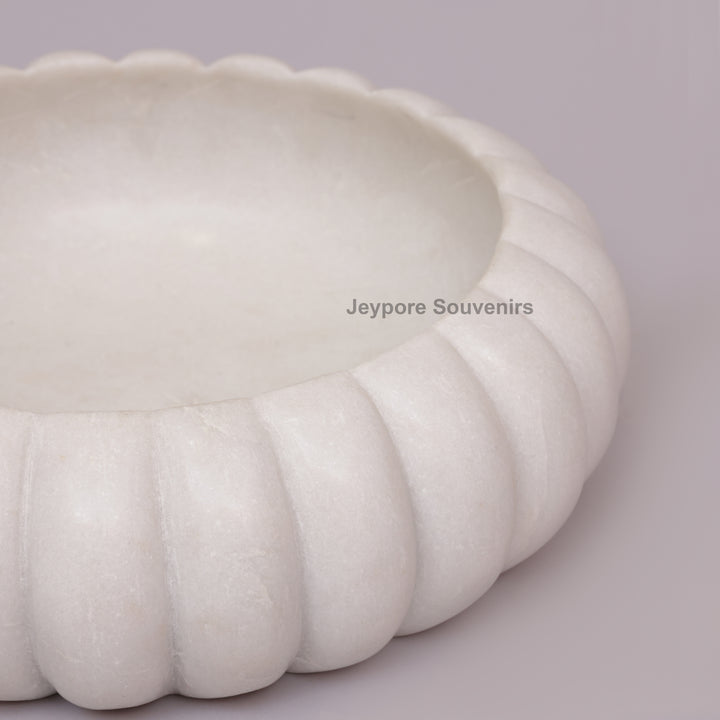 Handcrafted White Marble Ribbed Urli Bowl with Fluted Melon Design