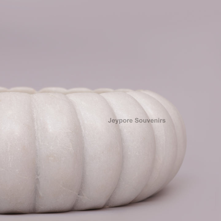 Handcrafted White Marble Ribbed Urli Bowl with Fluted Melon Design
