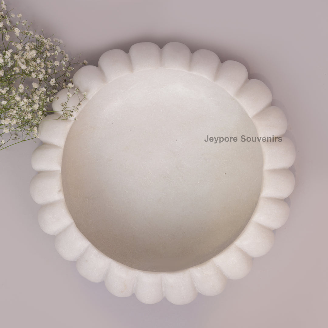 Handcrafted White Marble Ribbed Urli Bowl with Fluted Melon Design