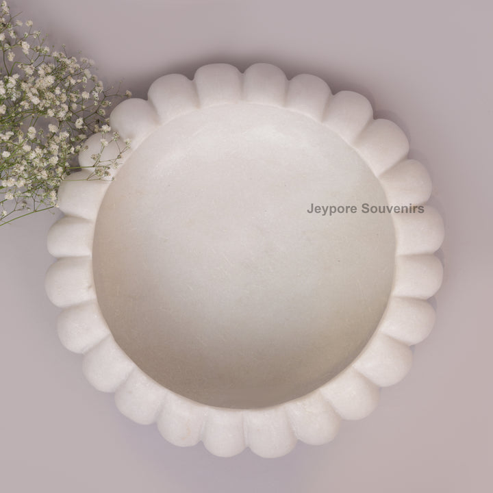 Handcrafted White Marble Ribbed Urli Bowl with Fluted Melon Design