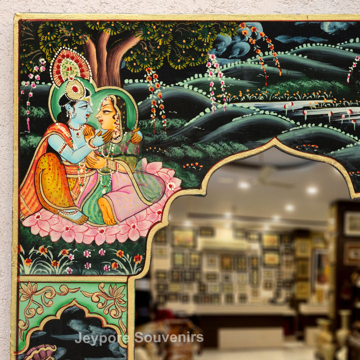Handcrafted Radha Krishna Wooden Wall Decorative Mirror