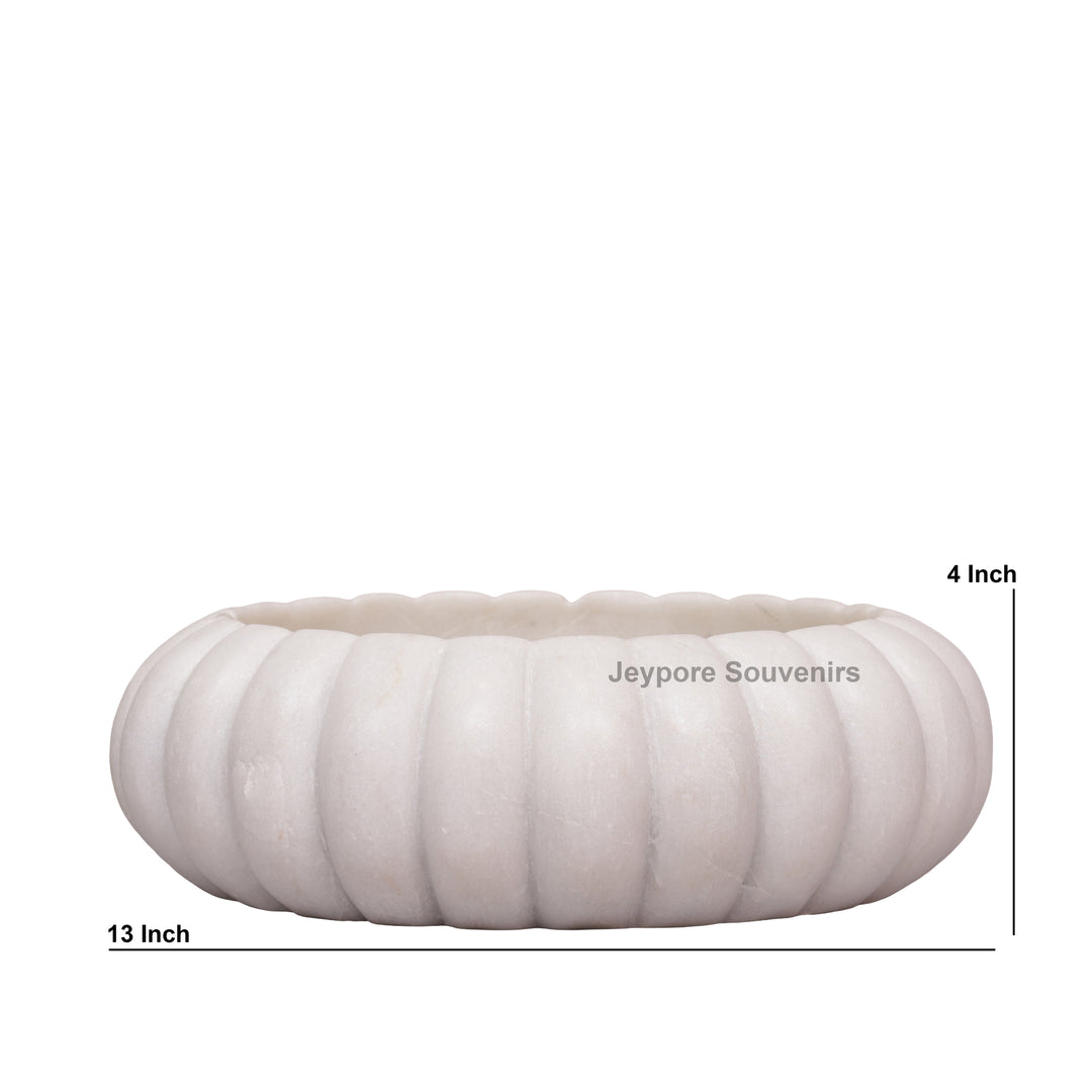 Handcrafted White Marble Ribbed Urli Bowl with Fluted Melon Design