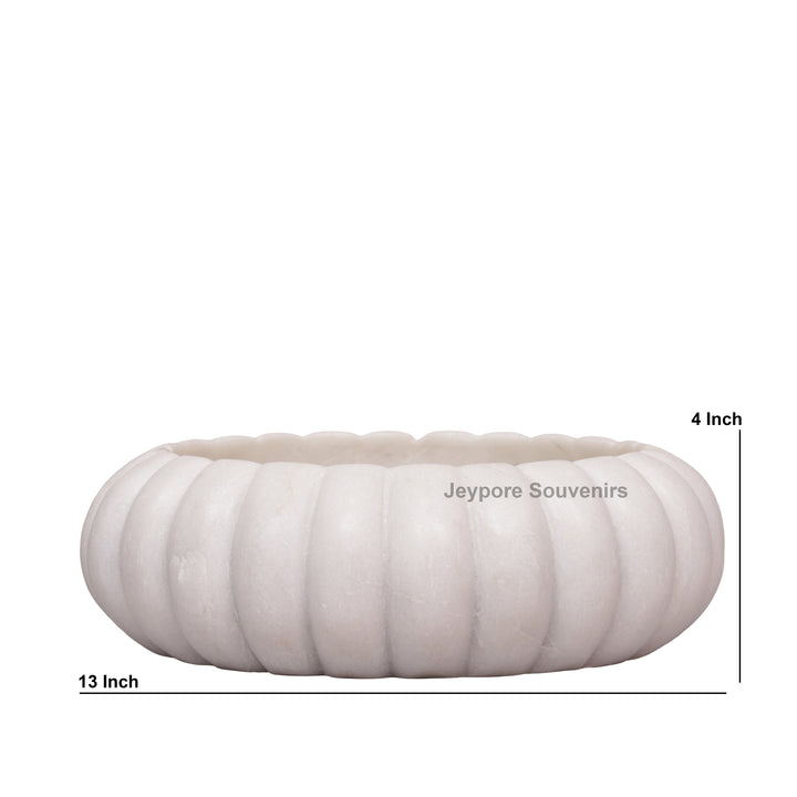 Handcrafted White Marble Ribbed Urli Bowl with Fluted Melon Design