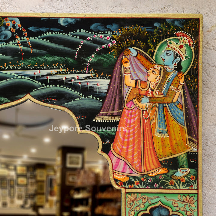 Handcrafted Radha Krishna Wooden Wall Decorative Mirror