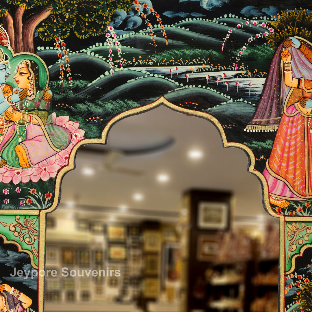 Handcrafted Radha Krishna Wooden Wall Decorative Mirror