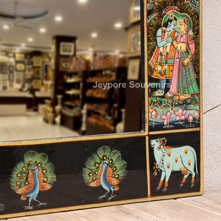 Handcrafted Radha Krishna Wooden Wall Decorative Mirror