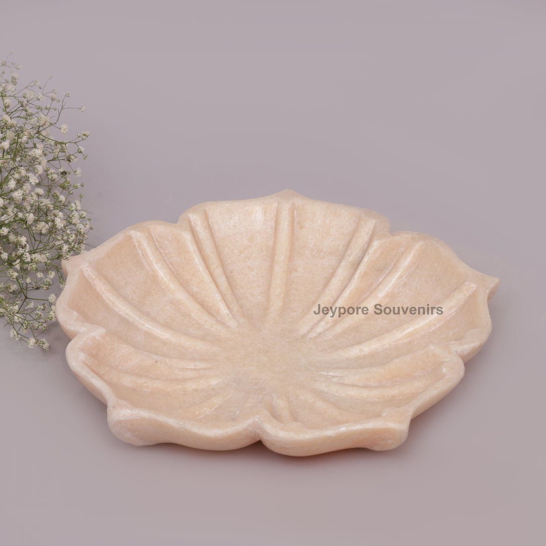 Hand-Carved Pinkish-White Marble Lotus Bowl with Fluted Petal Design