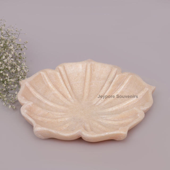 Hand-Carved Pinkish-White Marble Lotus Bowl with Fluted Petal Design