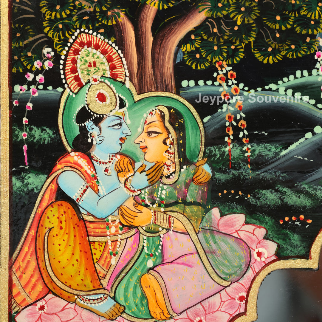 Handcrafted Radha Krishna Wooden Wall Decorative Mirror