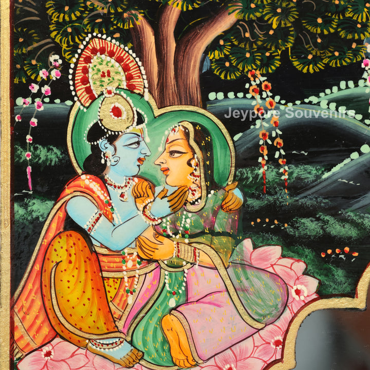 Handcrafted Radha Krishna Wooden Wall Decorative Mirror