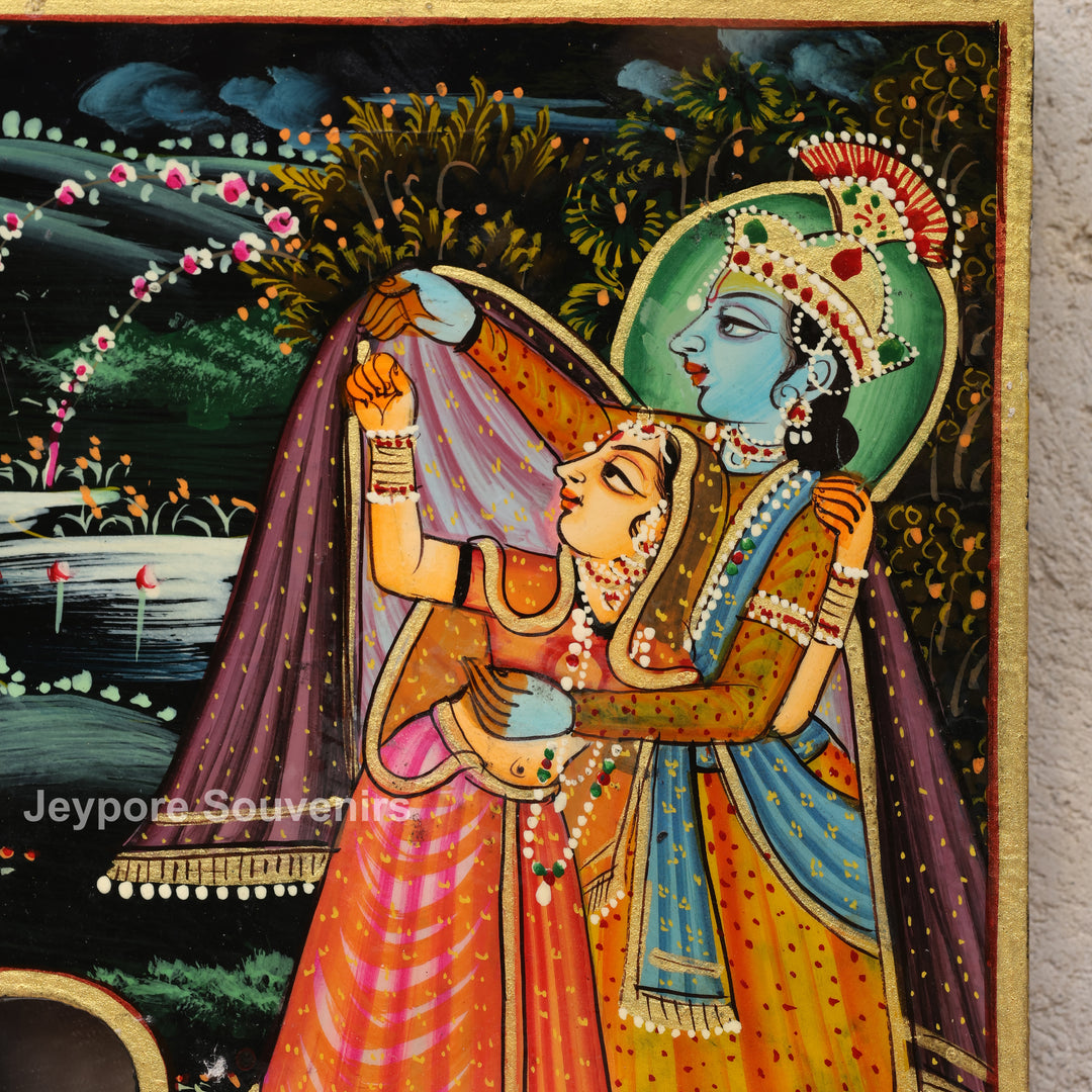 Handcrafted Radha Krishna Wooden Wall Decorative Mirror