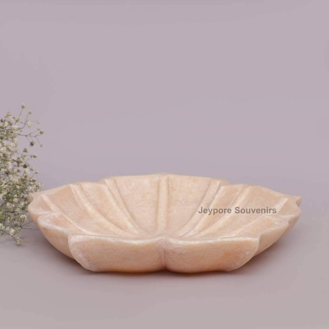Hand-Carved Pinkish-White Marble Lotus Bowl with Fluted Petal Design