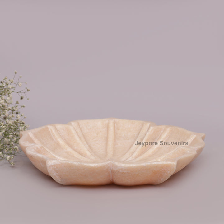 Hand-Carved Pinkish-White Marble Lotus Bowl with Fluted Petal Design