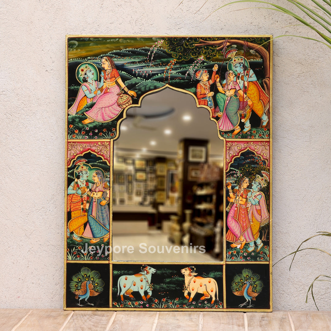 Handcrafted Radha Krishna Wooden Miniature Decorative Wall Mirror