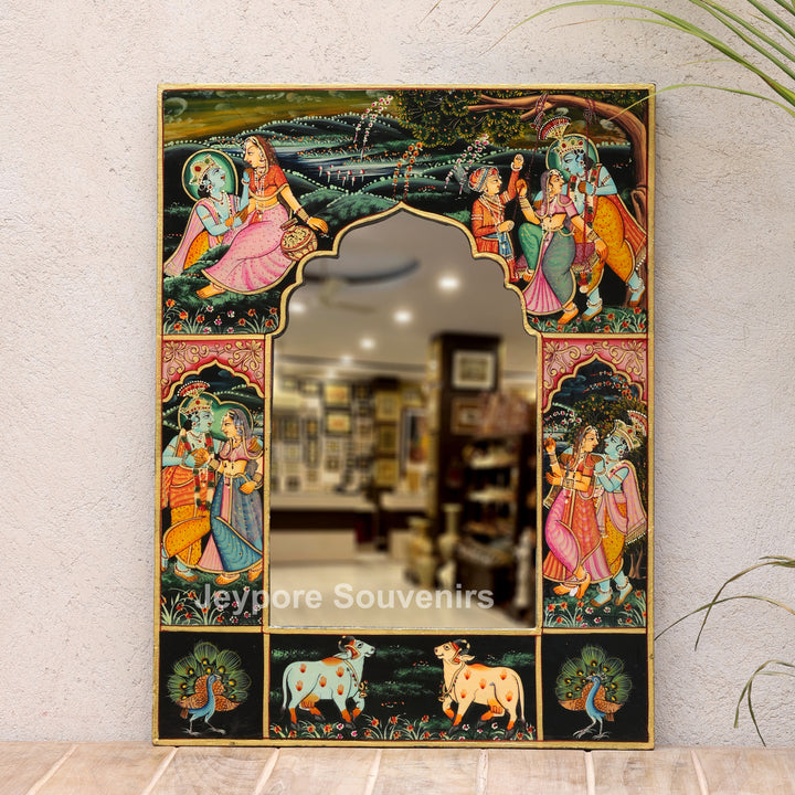Handcrafted Radha Krishna Wooden Miniature Decorative Wall Mirror