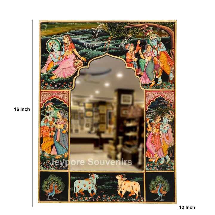Handcrafted Radha Krishna Wooden Miniature Decorative Wall Mirror