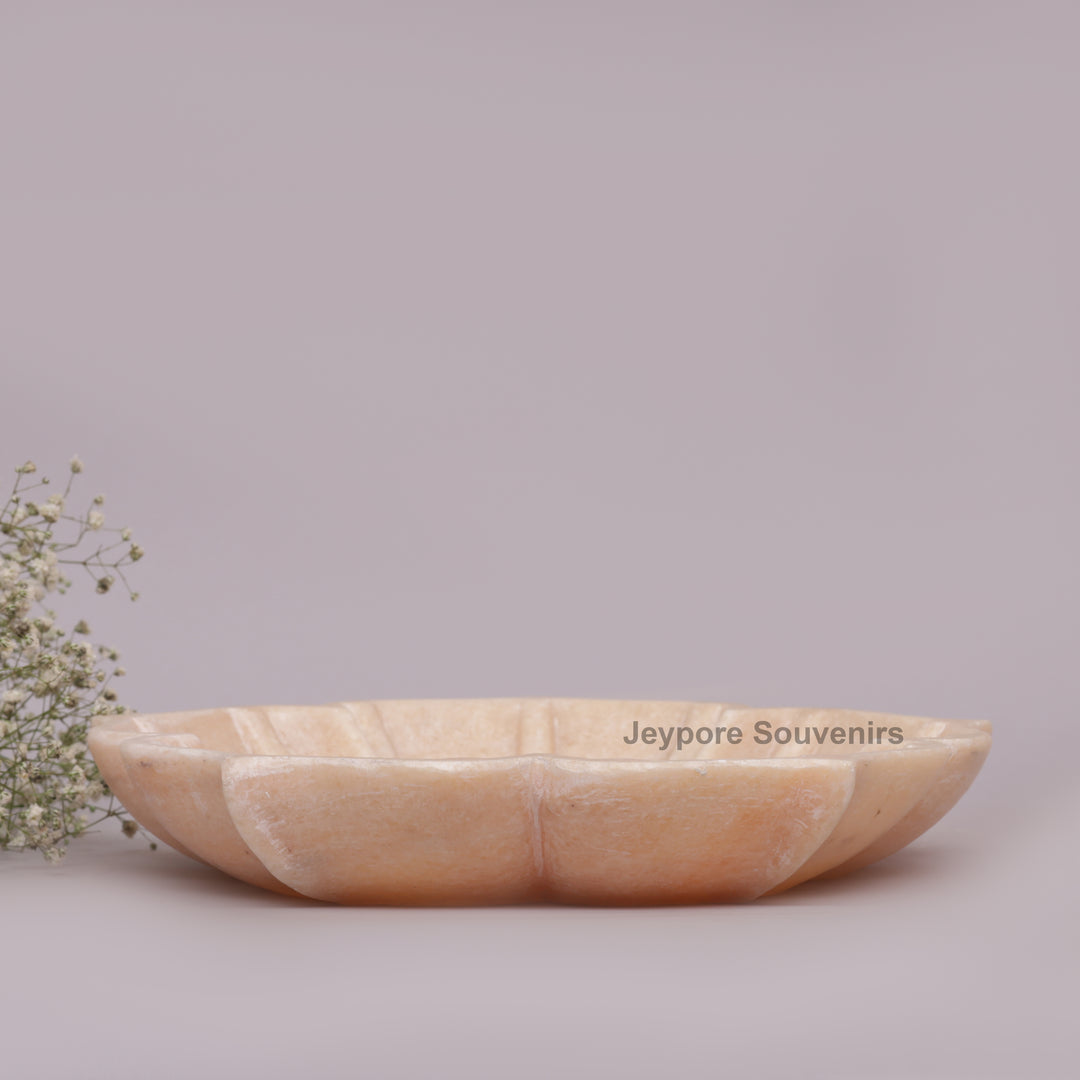 Hand-Carved Pinkish-White Marble Lotus Bowl with Fluted Petal Design