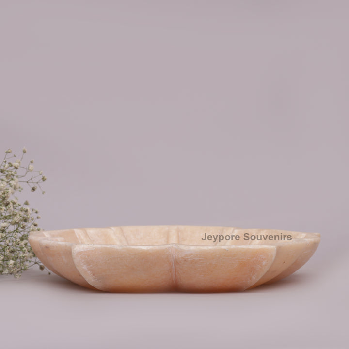 Hand-Carved Pinkish-White Marble Lotus Bowl with Fluted Petal Design