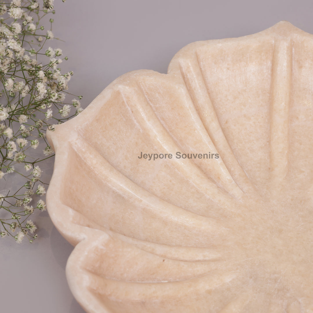 Hand-Carved Pinkish-White Marble Lotus Bowl with Fluted Petal Design