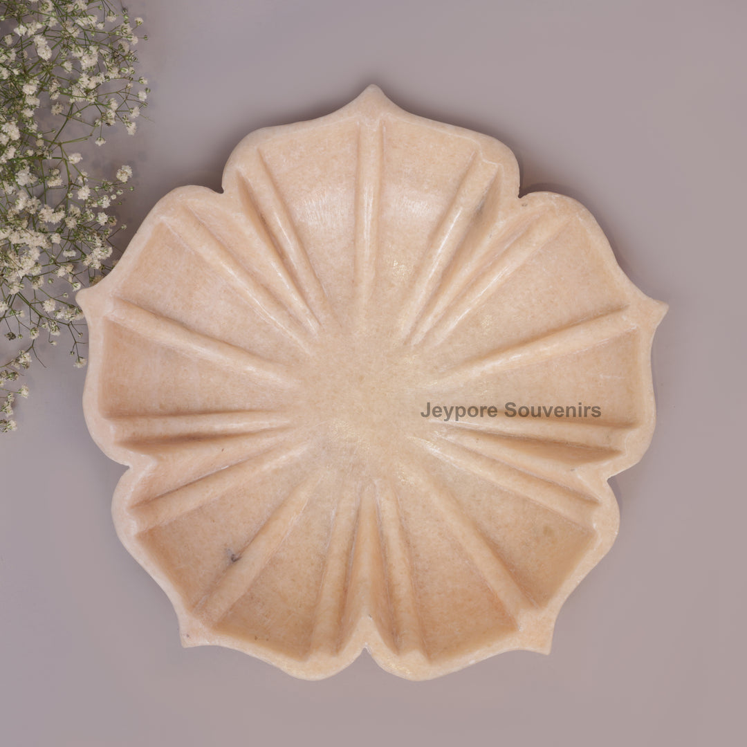 Hand-Carved Pinkish-White Marble Lotus Bowl with Fluted Petal Design