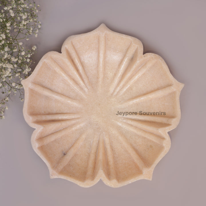Hand-Carved Pinkish-White Marble Lotus Bowl with Fluted Petal Design