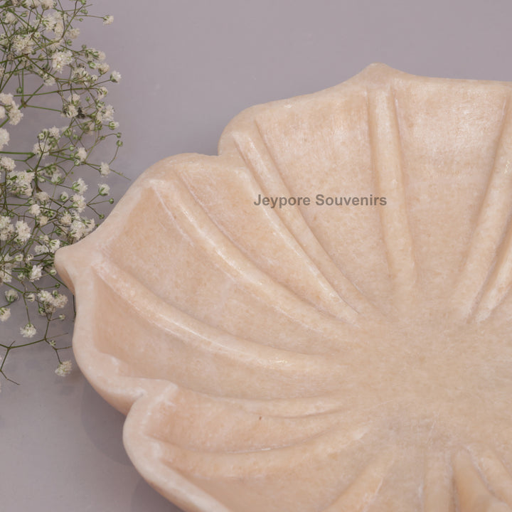 Hand-Carved Pinkish-White Marble Lotus Bowl with Fluted Petal Design