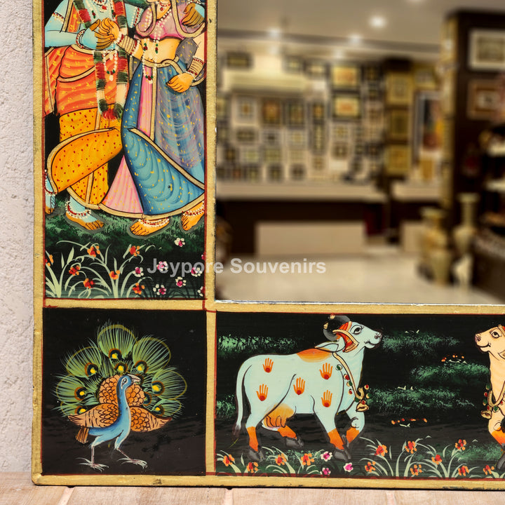 Handcrafted Radha Krishna Wooden Miniature Decorative Wall Mirror