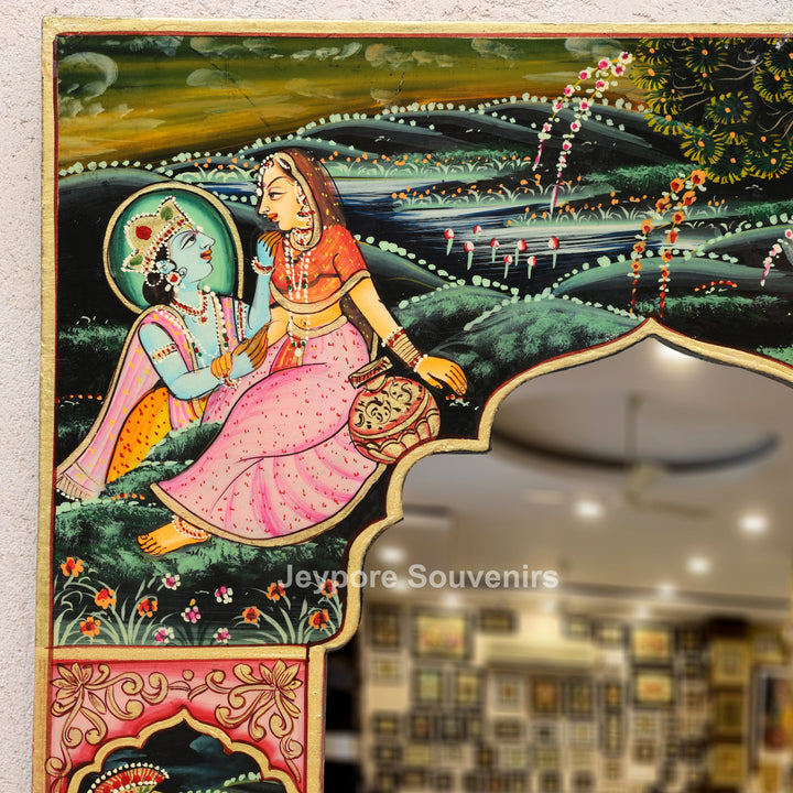 Handcrafted Radha Krishna Wooden Miniature Decorative Wall Mirror