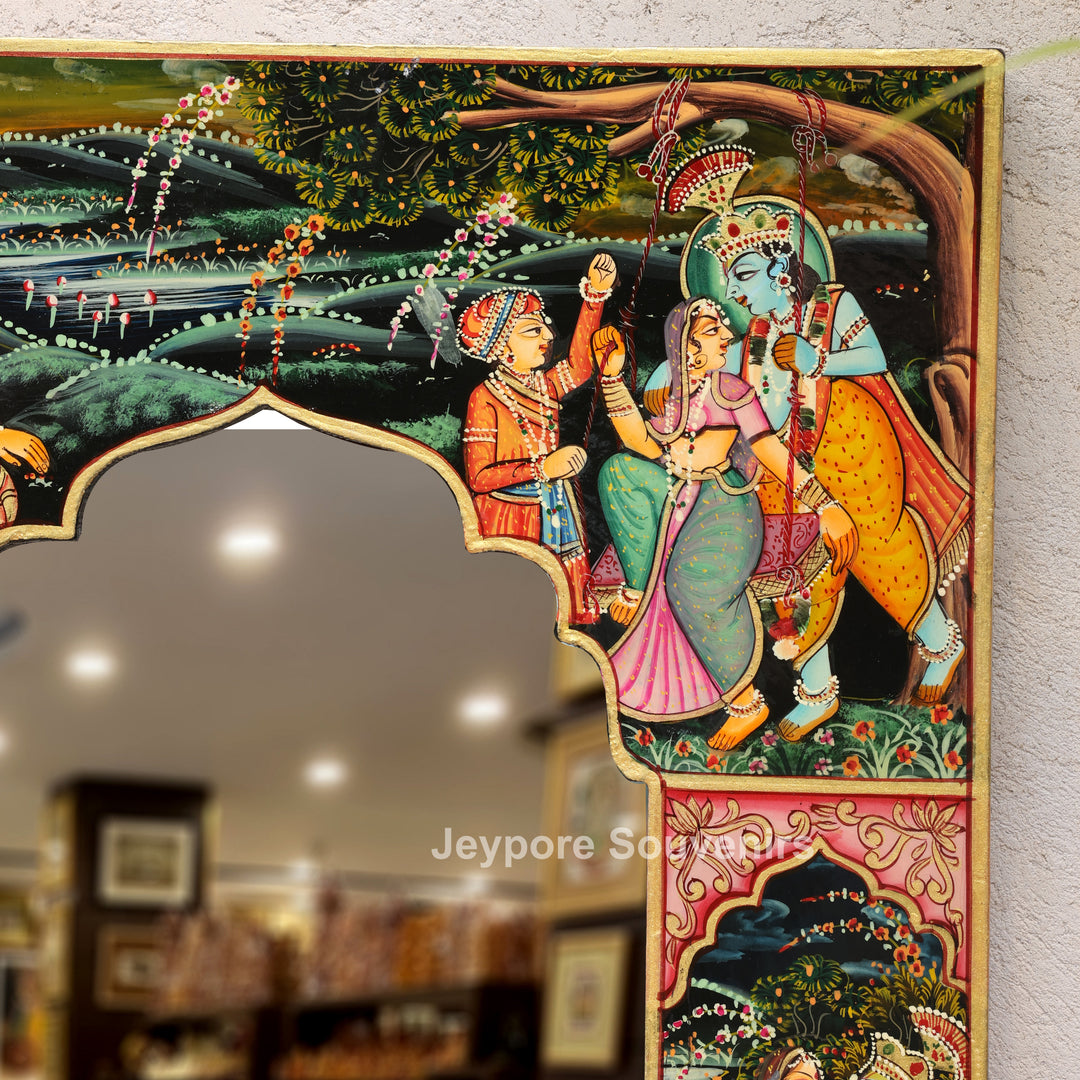 Handcrafted Radha Krishna Wooden Miniature Decorative Wall Mirror