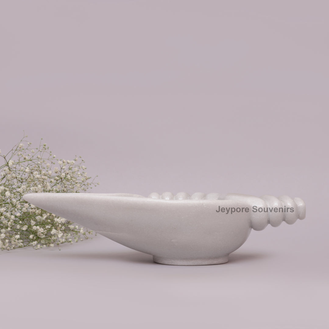 Hand-Carved White Marble Shankh Urli Bowl