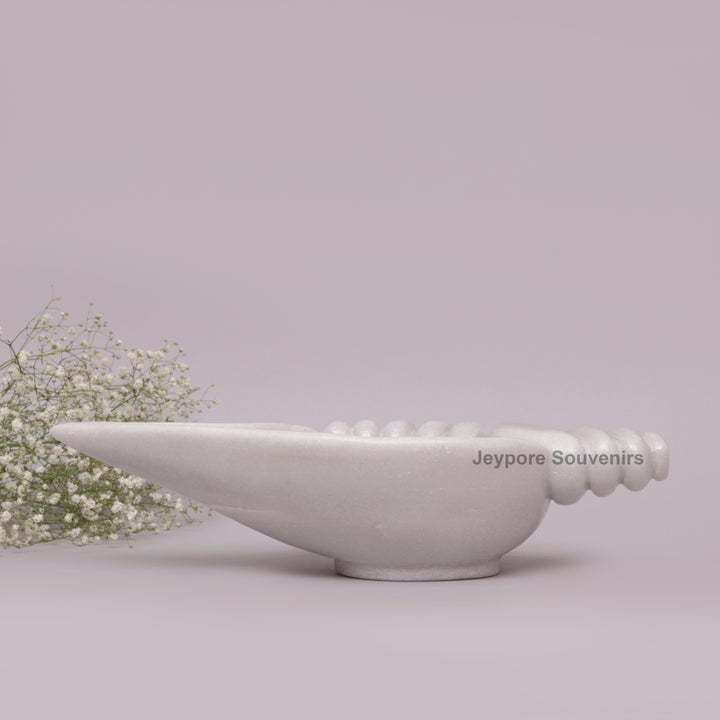 Hand-Carved White Marble Shankh Urli Bowl