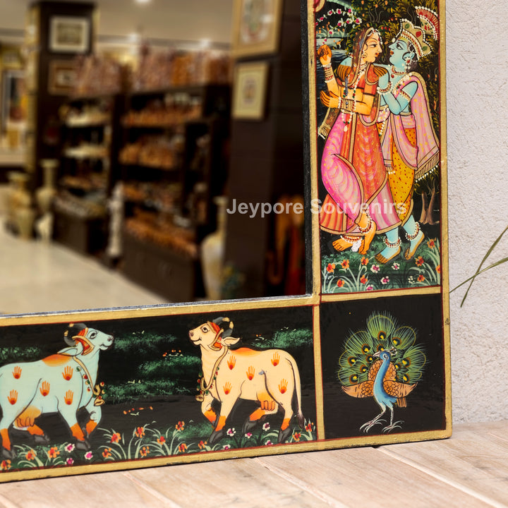 Handcrafted Radha Krishna Wooden Miniature Decorative Wall Mirror